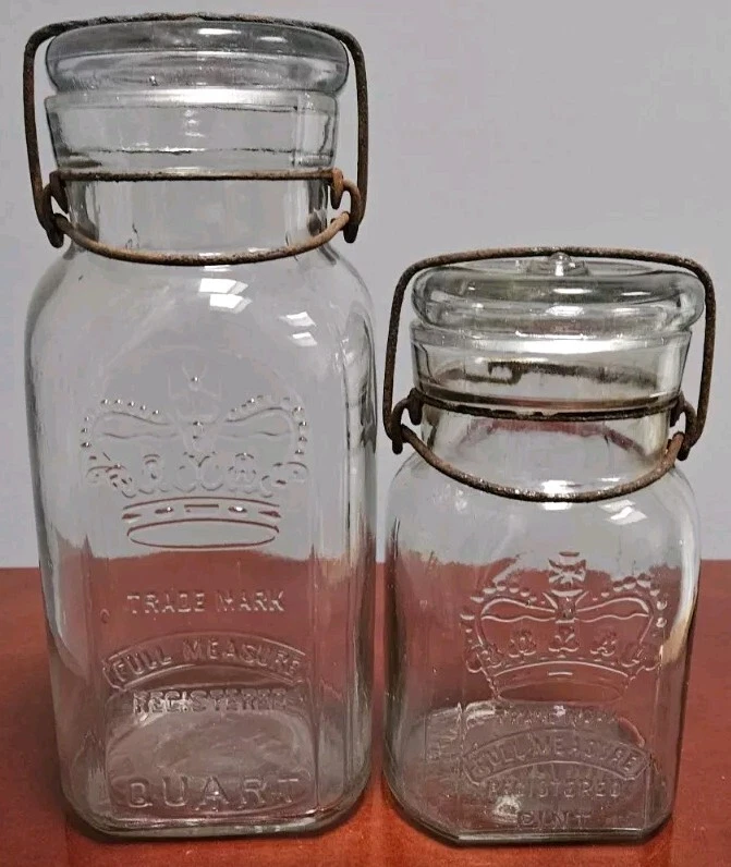 Royal Crown Smalley Glass Jars With Lids - Pint & Quart 1896 Boston & NY Vintage