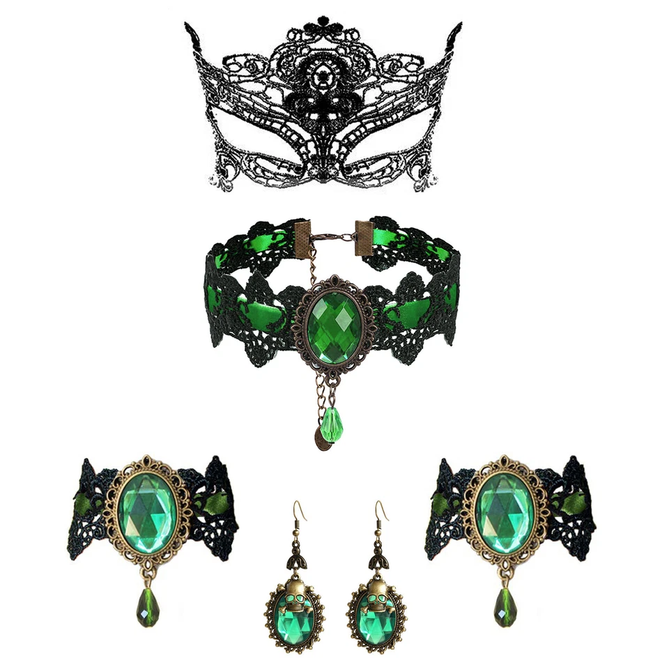 Conjunto de 4 piezas de aretes pulsera máscara gargantilla encaje Halloween gótico para mujer Foto 2 de 4