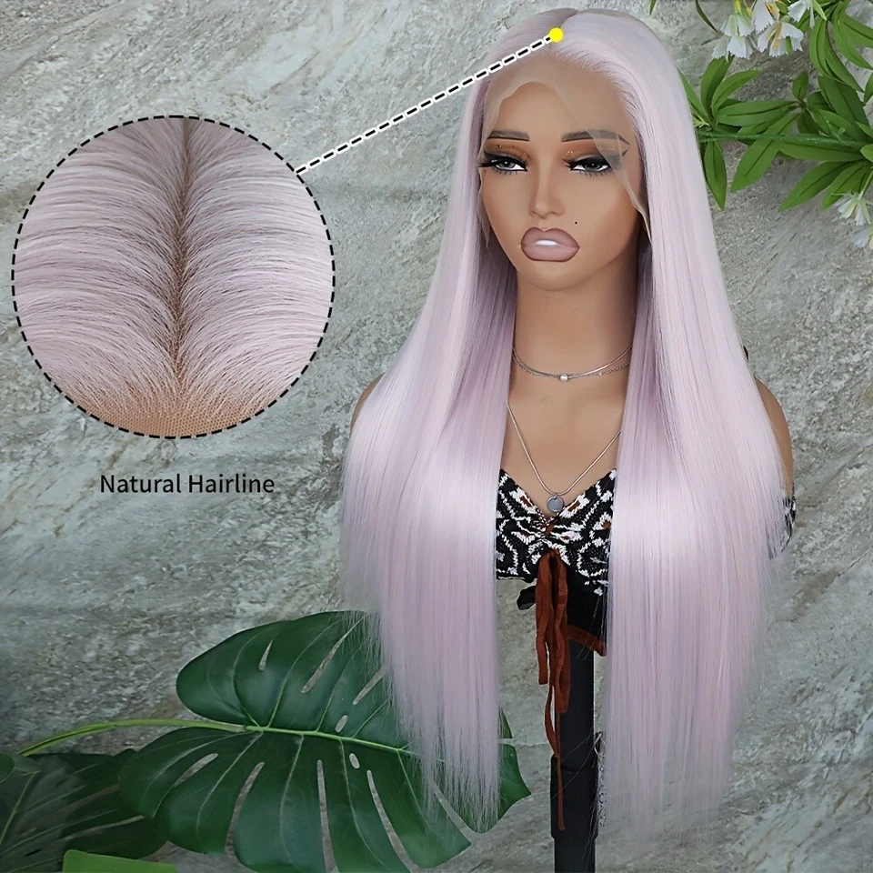 13x6 Free Part Light Pink Long Silky Straight Synthetic Lace Front Wig for Women - Image 3 of 4