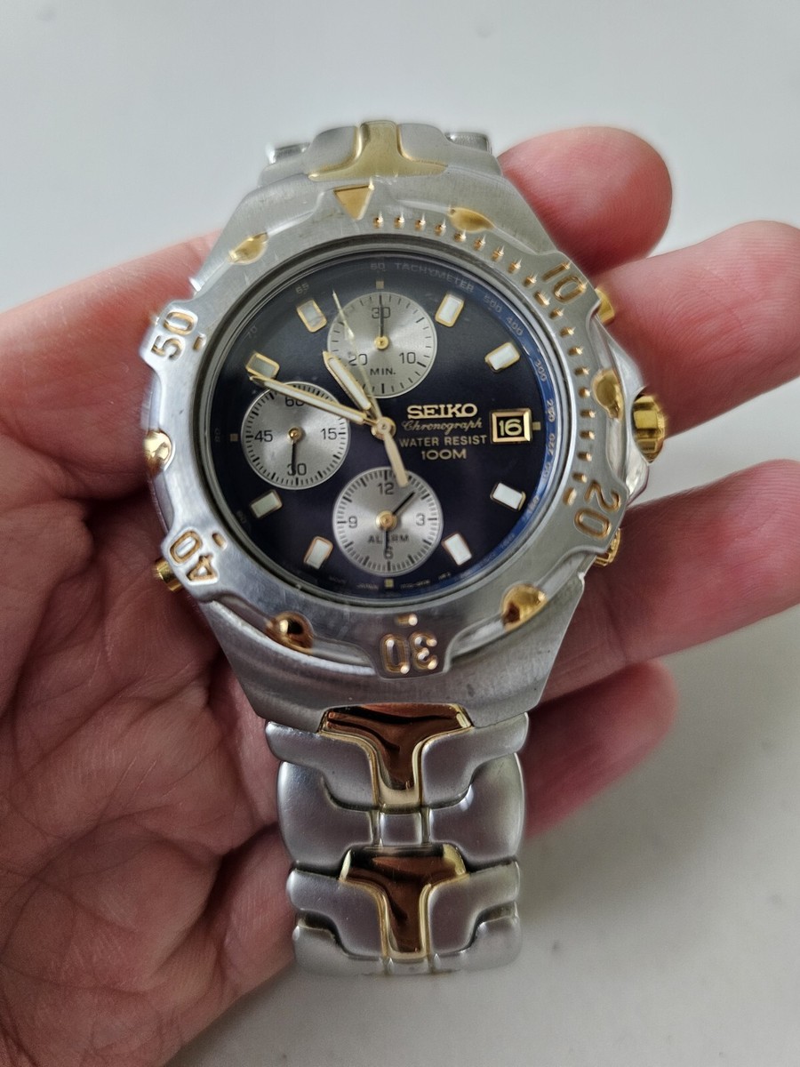 Vtg Seiko Chronograph Mens Watch 7T32-6M49 Blue Gold Silver Vtg Seiko Chronograph Mens Watch 7T32-6M49 Blue Gold Silver