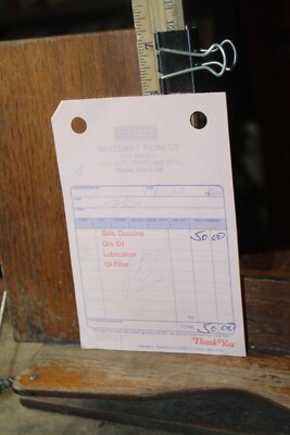 Vintage Gas Station Receipt PIONEER Oil Whiteway LaFollette Tennessee