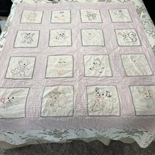 Vintage Hand Embroidered Purple Gingham Animal Quilt for a Baby s Nursery 57x49