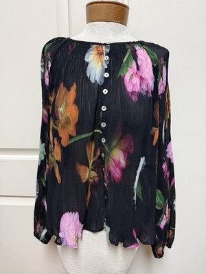 Desigual Women's Size L Black Floral Pleated Blouse Long Sleeve Sheer