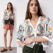 Zara Embroidered Bohemian Exotic Boxy Top Oversized Small Summer Resort