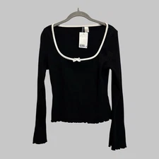 Divided Ribbed Long Sleeve Lettuce Trim Fitted Top Coquette Y2K Soft Girl Sz L