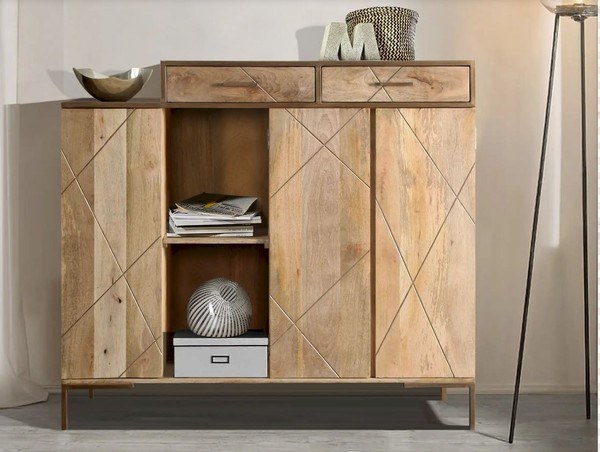 Highboard 145X132Cm Massivholz Schrank Mango Natur & Goldfarbig Neu Ovp!!!-image