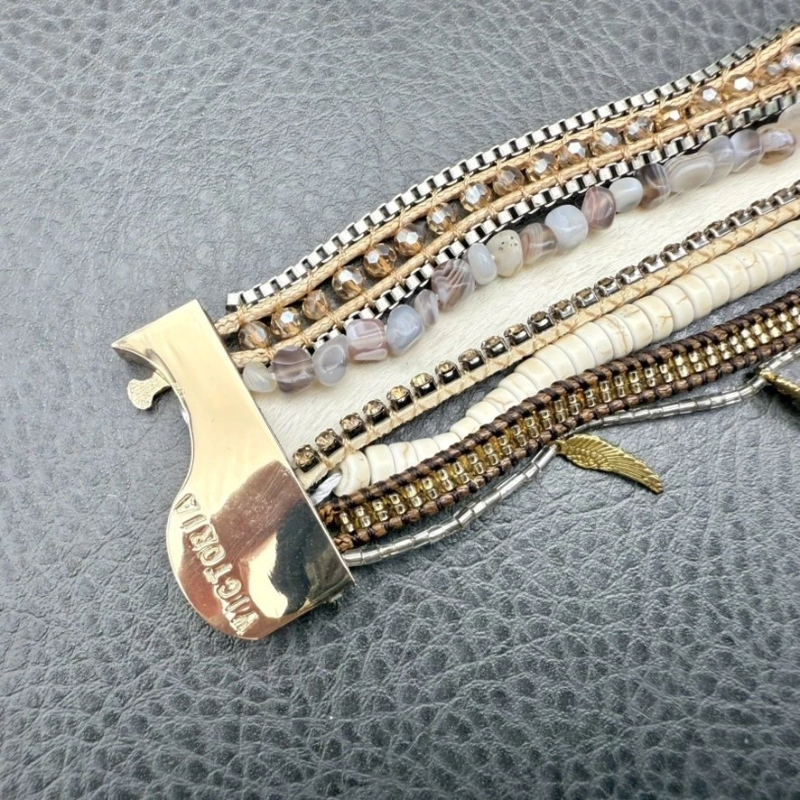 Emerson Victoria Bracelet Gold Tone Beaded Agate Shell Boho Layered Cuff 8 Inch - Image 2 of 4