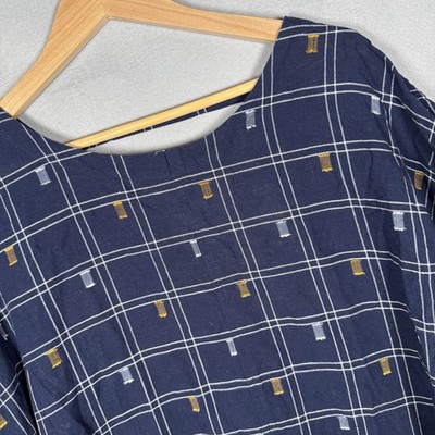 Caslon Dress Coastal Scandi Lagenlook Navy Blue Grid Pattern Cotton Sz 1X