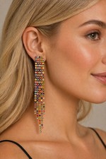 Multicoloured Crystal Tassel Earrings Gold Tone Long Fringe Dangle