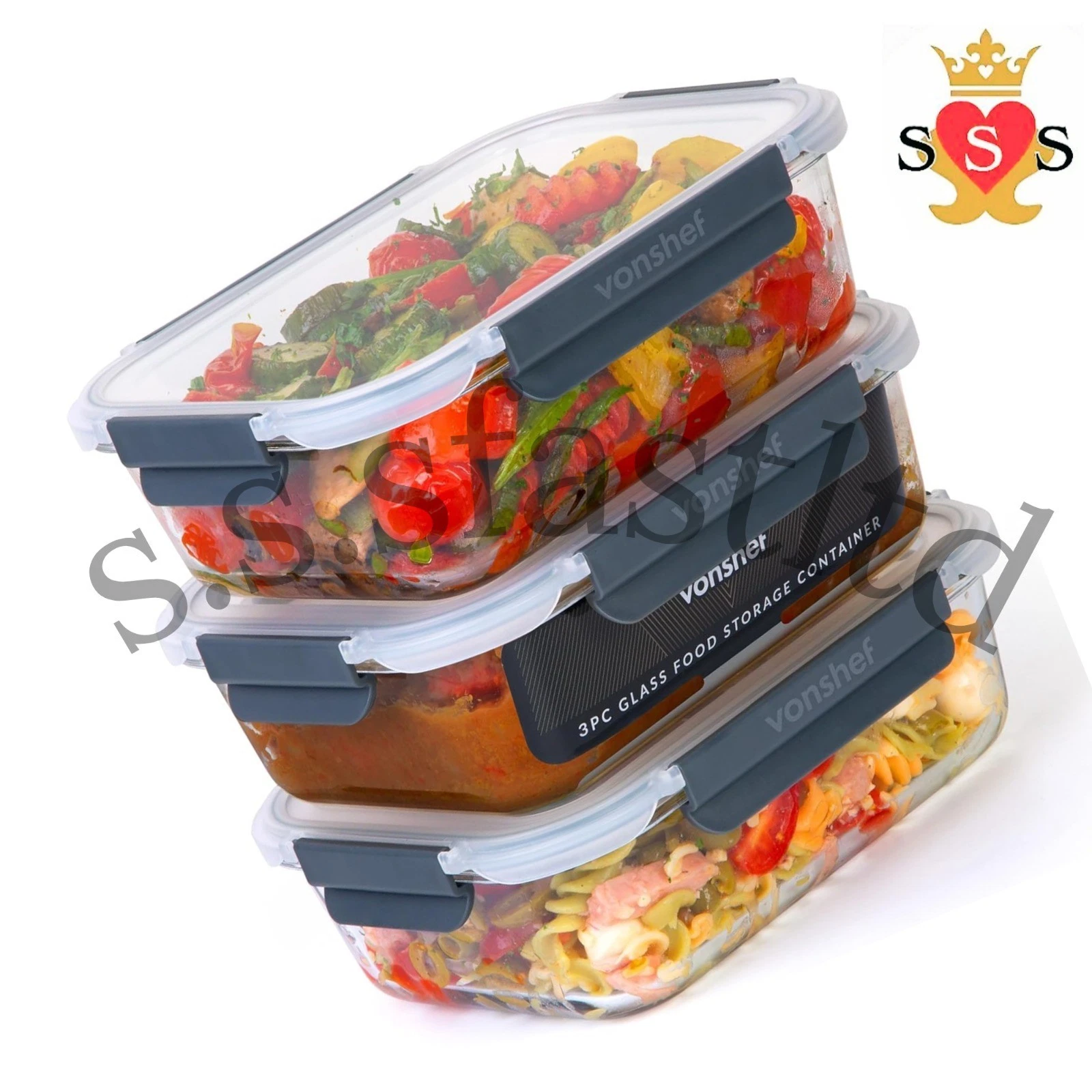 3Pc Glass Containers with Lids, 1.5L Piece Meal Prep Food Lunch Boxes