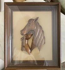 Mid Century Danish Teak Wood Hand Carved Horse Foal Wall Art Western Gallery