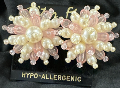 After Five Pink White Faux Pearl Beaded Cluster Earrings Vintage Style New