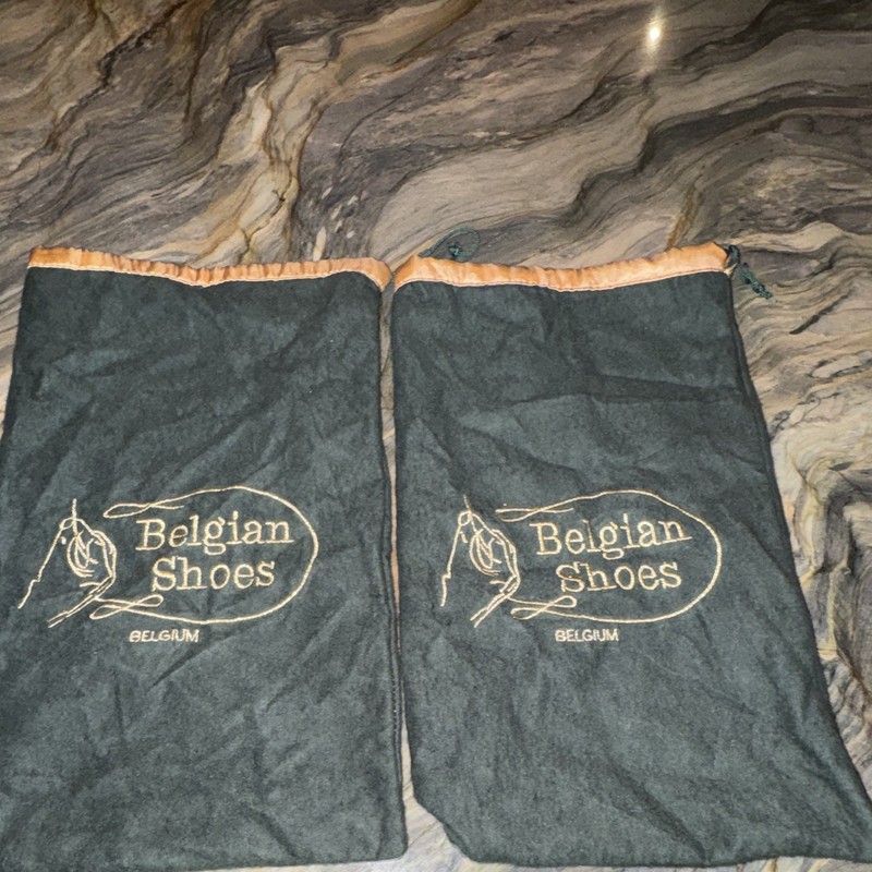 Belgian Shoes Green Embroidered Drawstring Dust Bags Set of 2 Gold Lining
