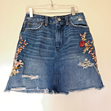 Abercrombie Fitch Denim Skirt Embroidered Boho Festival Distressed Size 25