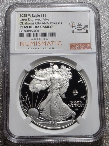 2025 W Proof $1 Laser Beam Engraved Privy Mark Silver Eagle NGC PF69 ANA OKC !