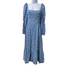 Reformation Mica Floral Print Square Neck Midi Dress Size 8 Blue Tiered Cottage