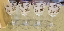 4 Set WINE GLASSES Libbey MCM Clear w/Frosted & SILVER LEAF Leaves 5.75" 4oz Vtg