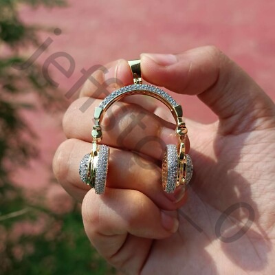 2.50 Ctw D/FL Brilliant Diamond 14K Yellow Gold Over Headphone Pendant 1.3''
