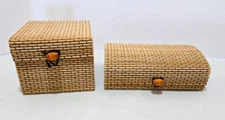 2 Decorative Boxes Bamboo Design with Lid Home Decor Tan Trinket