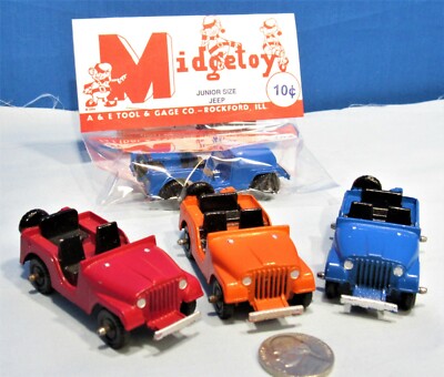 Jeep ~ Die Cast ~ Midgetoy NIB ~ 1954 Store Package ~ 3 Color Details