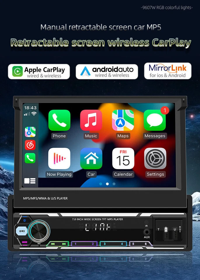 Radio estéreo para automóvil 1Din para Apple CarPlay espejo enlace reproductor de MP5 cámara Bluetooth Foto 4 de 4