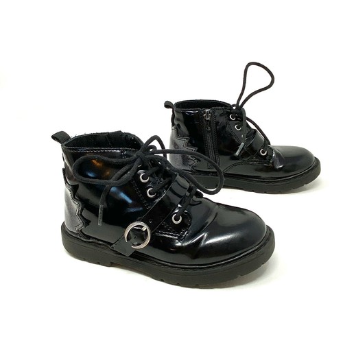 Zara Girls Size 25 (US 8-9) Black Patent Combat Boots Lace Up Buckle - Picture 3 of 6
