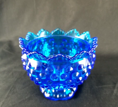 Vintage Fenton Hobnail Blue Candle Holder Bowl/ Footed Base/Scalloped edge