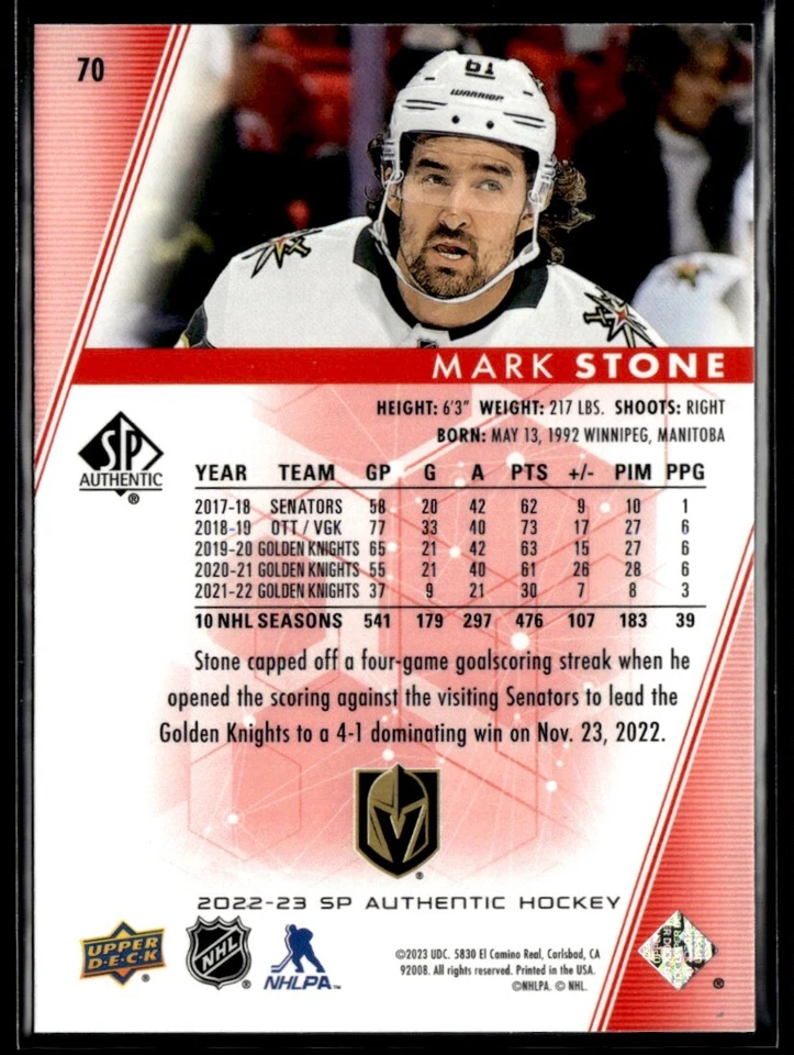 2022-23 SP Authentic Limited Red Mark Stone #70 - Image 2 of 2