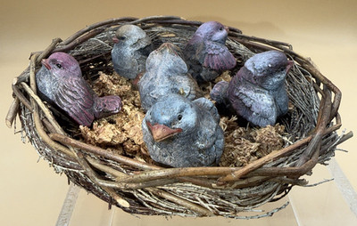 SET of 6 small Birds in Bird Nest (Man Made) - Resin or Ceramic?? - Unbranded