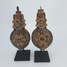 Pair of Antique Hand Carved Design Burmese / Burma Wooden Loom Pulleys 5"