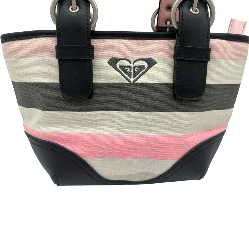 ROXY Striped Hangbag Purse Black Faux Leather Trim Pink/White - Image 2 of 4