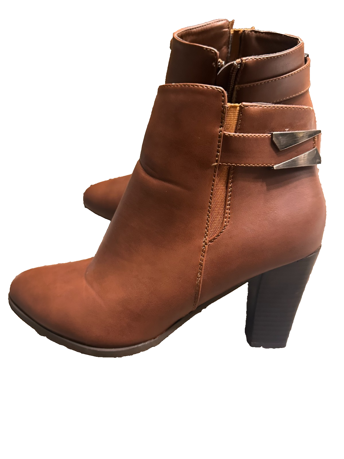 Women?s Brown Ankle Booties Size 8.5 Block Heel Side Zip Buckle
