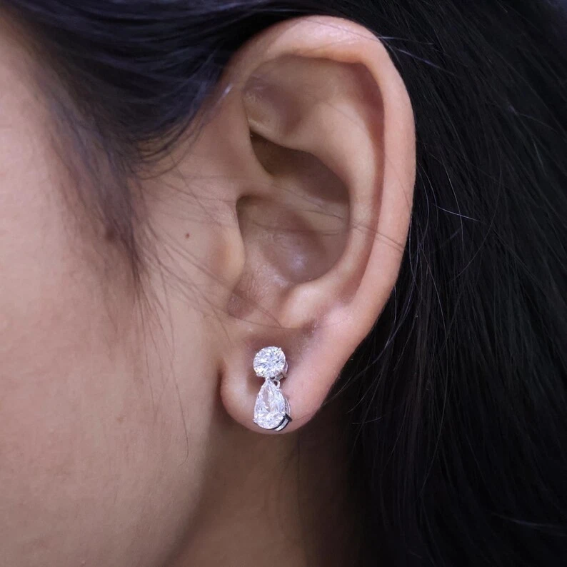 4Ct Round Pear-Cut VS1 Lab Grown Diamond Dangle/Drop Stud Earring 14K White Gold - Image 4 of 4