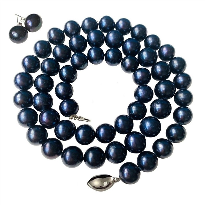 20 Inch AAAA+ ROUND 10mm 10.5mm Black Pearl Necklace Earrings Set Cultured