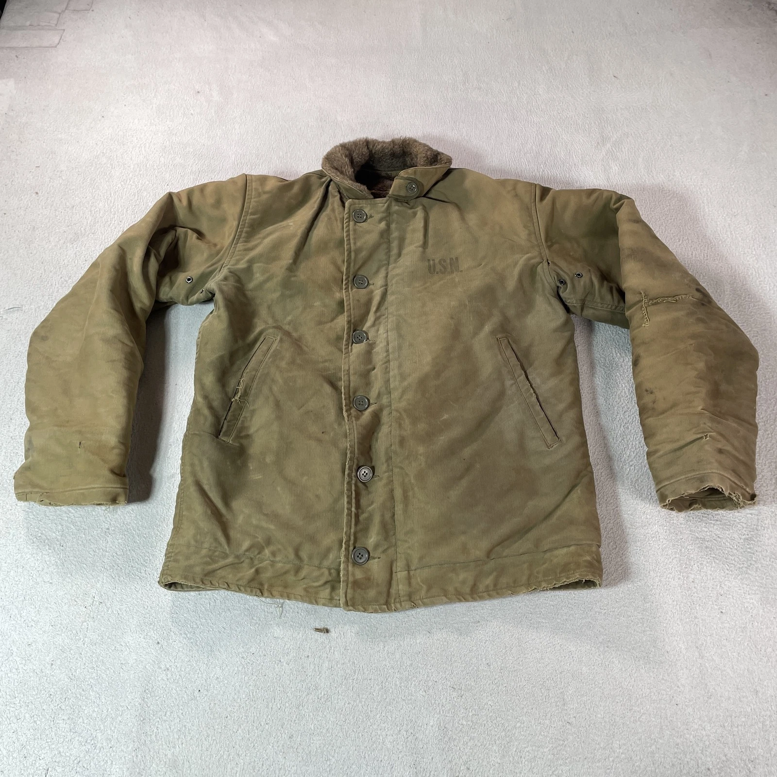 Vintage 40s US Navy N-1 Deck Jacket Mens 42 USN Alpaca Lined BrownKhaki Zip Up