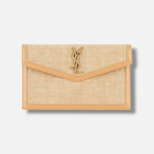 Saint Laurent Women Beige Uptown Pouch YSL Logo Raffia Leather Clutch Hand Bag