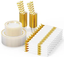 400 Piece Party Gold Disposable Dinnerware Set with Cups,Straws for 50 Guests