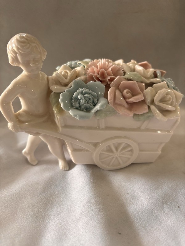 Vintage Porcelain Cherub Flower Cart Planter Pastel Floral Figurine