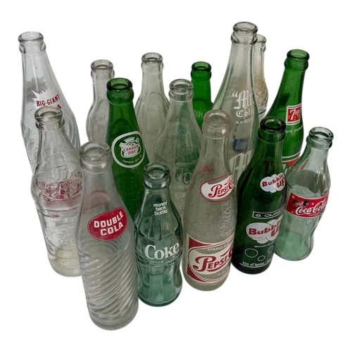 Glass Soda Pop Bottles Vintage Misc Lot Of 15 Coke Pepsi 7 Up Bubble Up Double