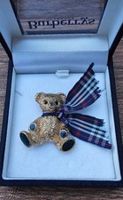 Burberry Bear Brooch Gold Plaid Authentic with Box
