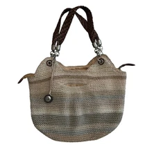 The Sak Crochet Striped Hobo Bag Brown Woven Braided Handle Shoulder Purse