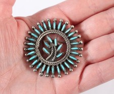 Antique Western Zuni Indian Sterling Silver Turquoise Needlepoint Pin Brooch