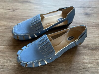 WOMEN SCHOLL'S BLUE LEATHER LOAFERS DOUBLE AIR