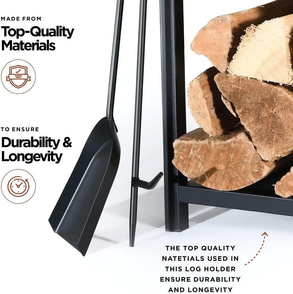 Firewood Rack Outdoor Indoor - 2-Tier Firewood Holder with Fireplace Tools Set,