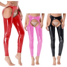 Women's Wet Look Leather Trousers Cutout Pants Shiny High Waist Latex Tights