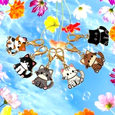 6 Cat Charms Knitting Stitch Markers Zipper Pulls Purse Lobster Clasps Holder