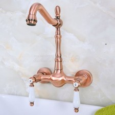 Antique Red Copper Wall Mount Dual Ceramic Handles Bathroom Basin Sink Faucet
