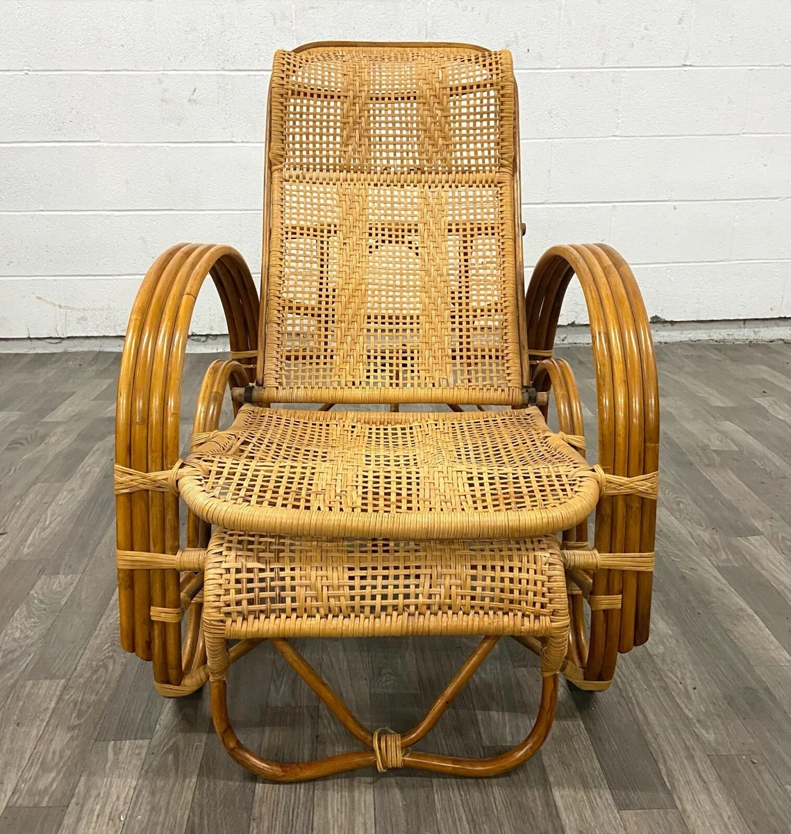 Vintage Boho Bentwood Adjustable Reclining Rattan Cane Chaise Lounge Chair