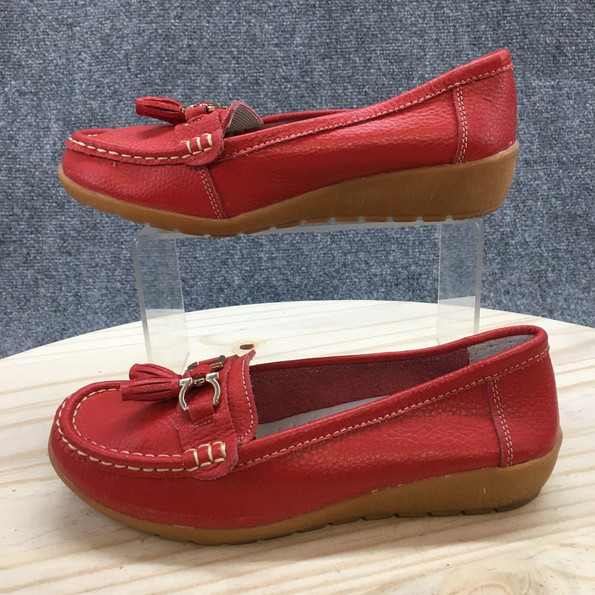 amazon women's red dress shoes Labato Shoes Womens 37 Casual Slip On Tassel Moc Toe Loafer Flats Red  Leather