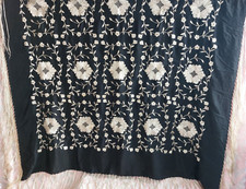 VTG Black Silk Floral Shawl Fringe " x 47" Piano Throw 19th Repurpose Antique